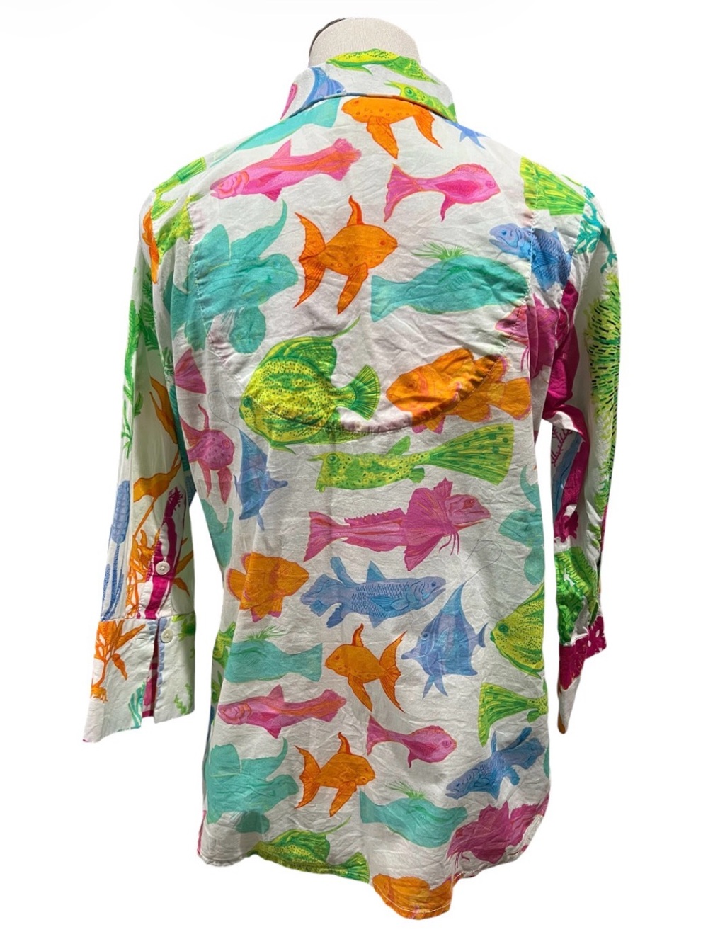 Gretchen Scott "What A Catch" Bright Fish Print Boyfriend Shirt Size Medium - Picture 2 of 5